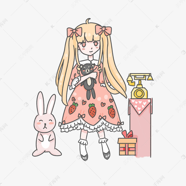 马卡龙色粉色女孩可爱卡通手绘元
