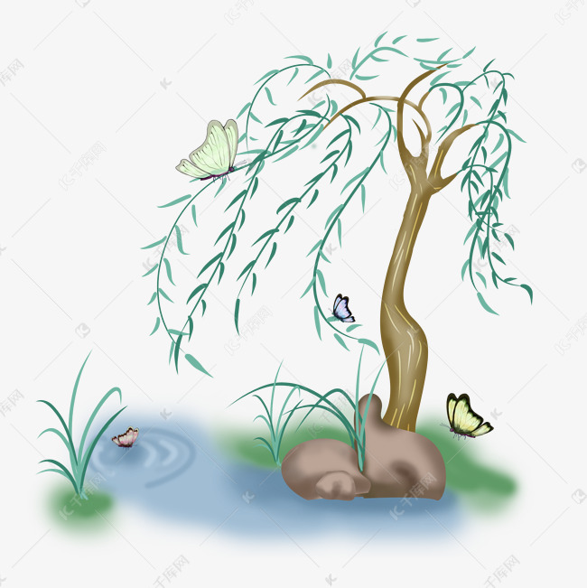 湖面上被风吹过的柳树png