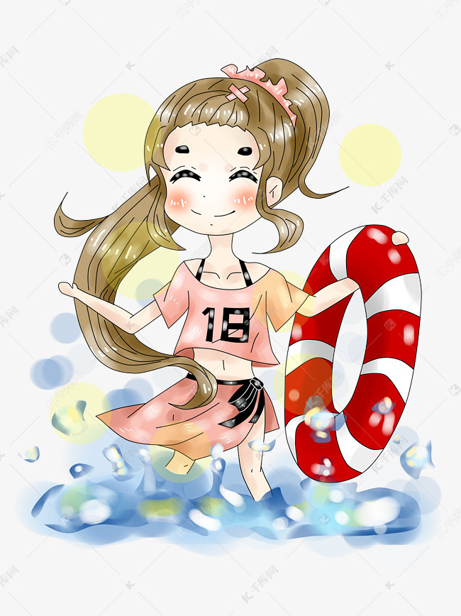 卡通厚涂夏日游泳玩耍女孩插画p