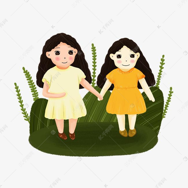 手绘卡通可爱两个小女孩