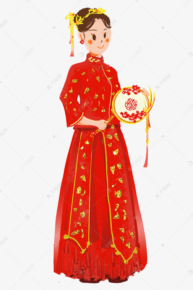 手绘中式新娘礼服婚礼情侣大红装饰免费下载