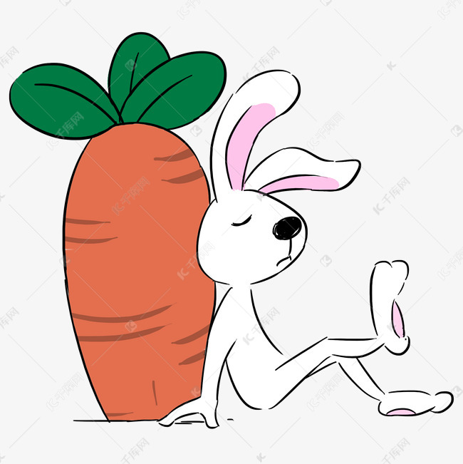 白色手绘靠着胡萝卜的小兔子元素