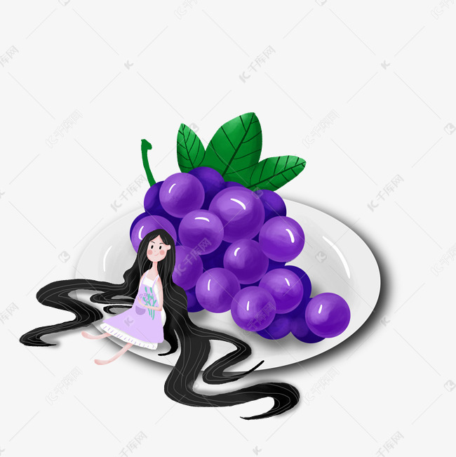 简约手绘葡萄和女孩插画海报免抠