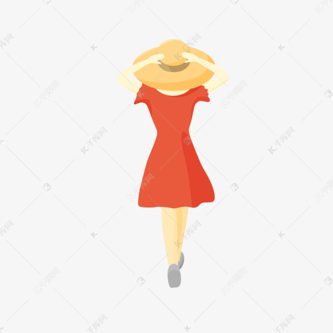 红色连衣裙戴帽子美女背影插画