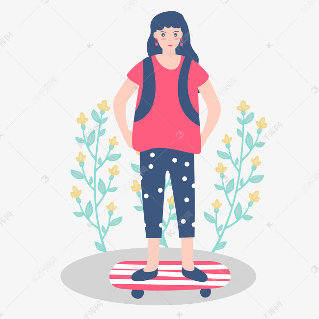 卡通插画风玩滑板的女孩