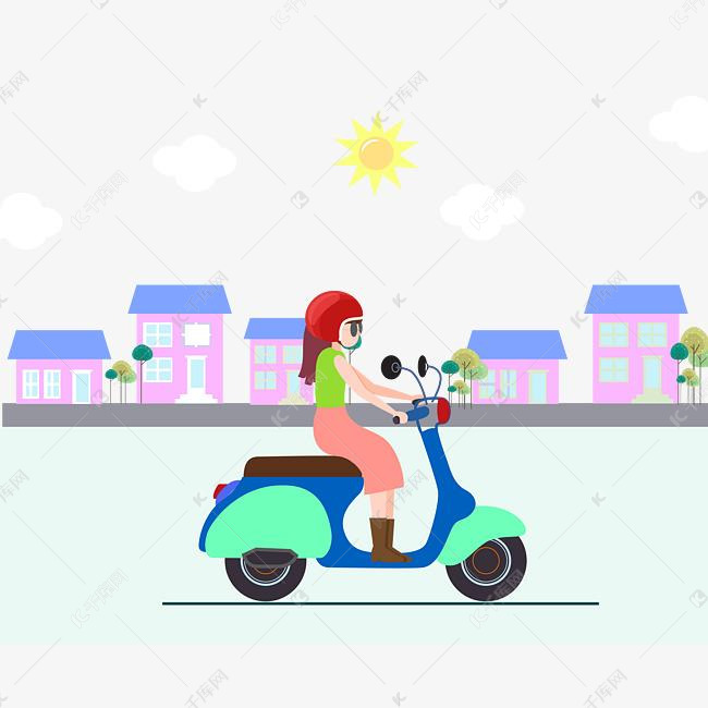 手绘在路上骑电动车的女孩矢量图