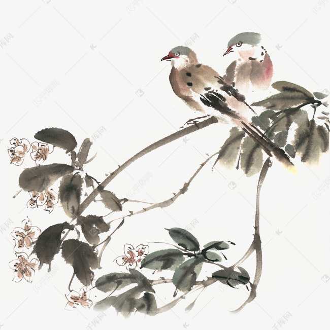 两只小鸟水墨画png免抠素材