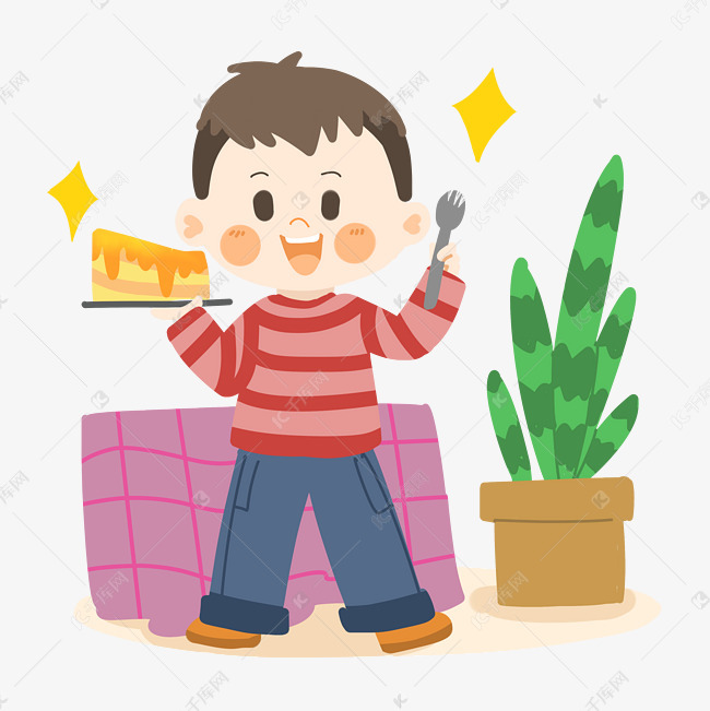 卡通男孩吃水果蛋糕png素材