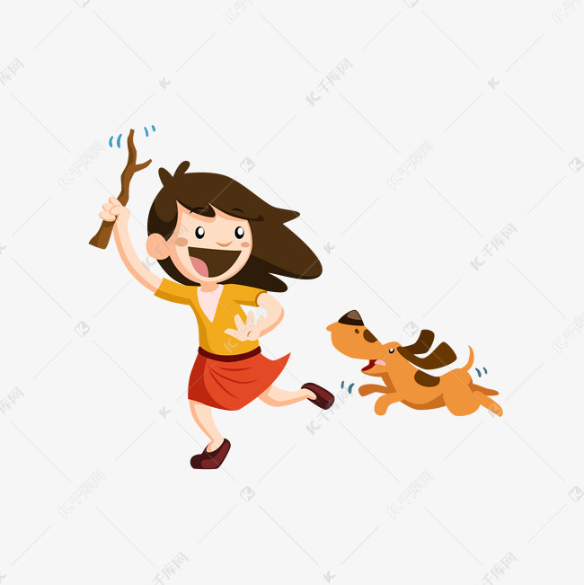 矢量手绘小狗追逐小女生的素材免抠矢量手绘卡通png免抠图奔跑追逐