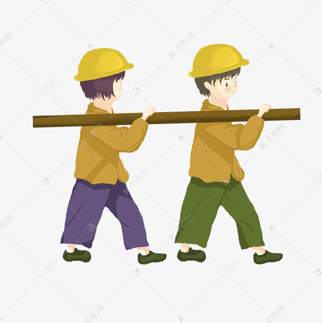 抬木头柱的农民工