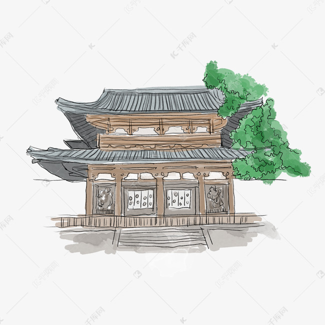手绘风古代建筑法隆寺素材图片免费下载-千库网