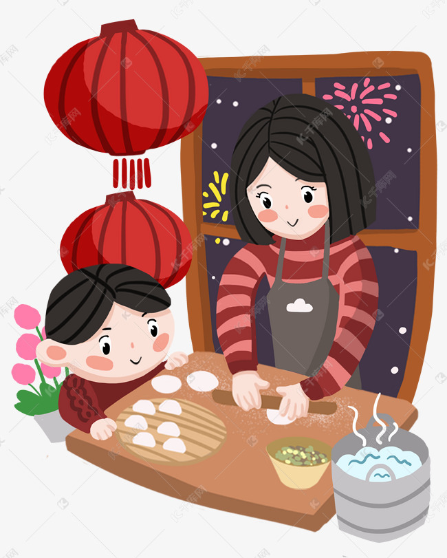 跨年包饺子的小男孩