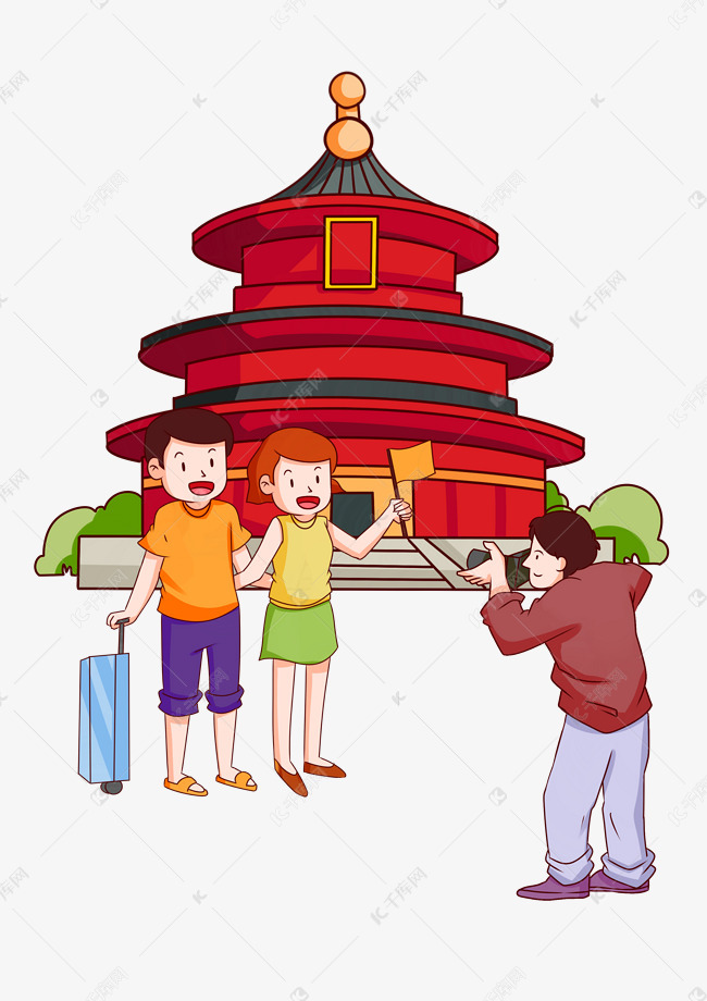旅游打卡拍照留念人物插画