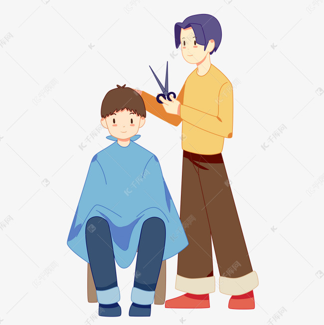 卡通手绘二月二日理发师给男孩理发