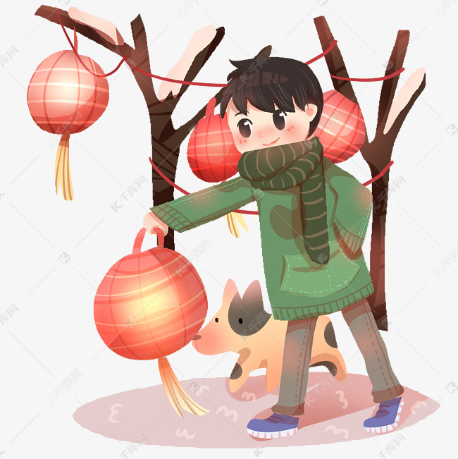 元宵节拿着灯笼小男孩