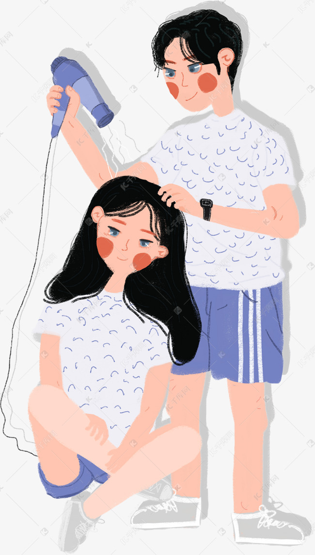 唯美给女朋友吹头发场景人物插画