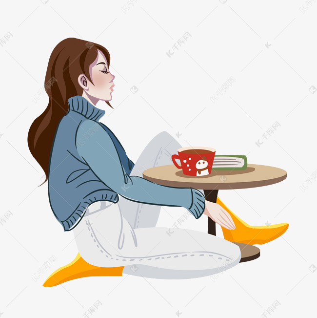 坐在茶几边喝咖啡的佛系少女