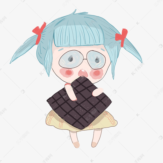 卡通手绘小女孩吃巧克力