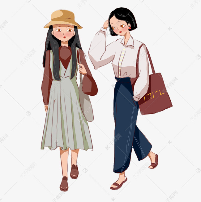 卡通手绘两位美丽知性的女士从画
