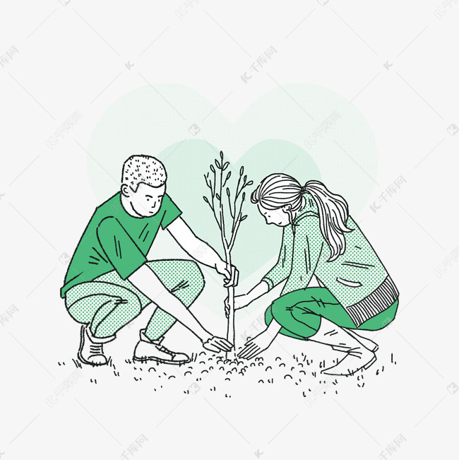植树节情侣挖坑种树绿色系