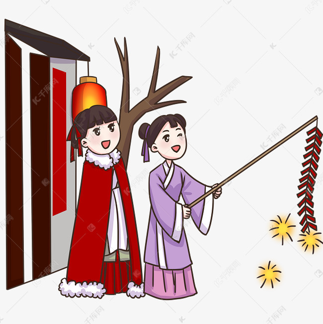 新年放鞭炮的小女孩