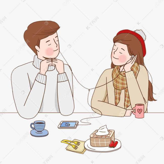 卡通一起听音乐的情侣免抠图素材图片免费下载_高清