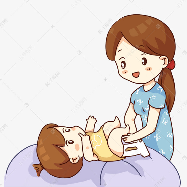 手绘卡通妈妈给宝宝换尿布