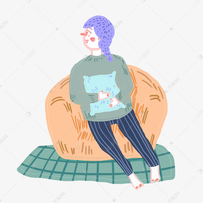 卡通女孩坐在沙发上面免抠图