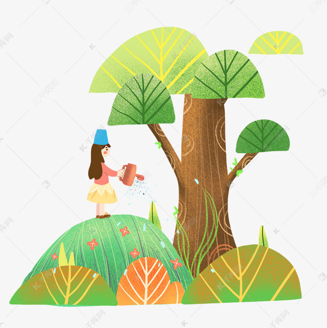手绘植树节女孩开心给树木浇水