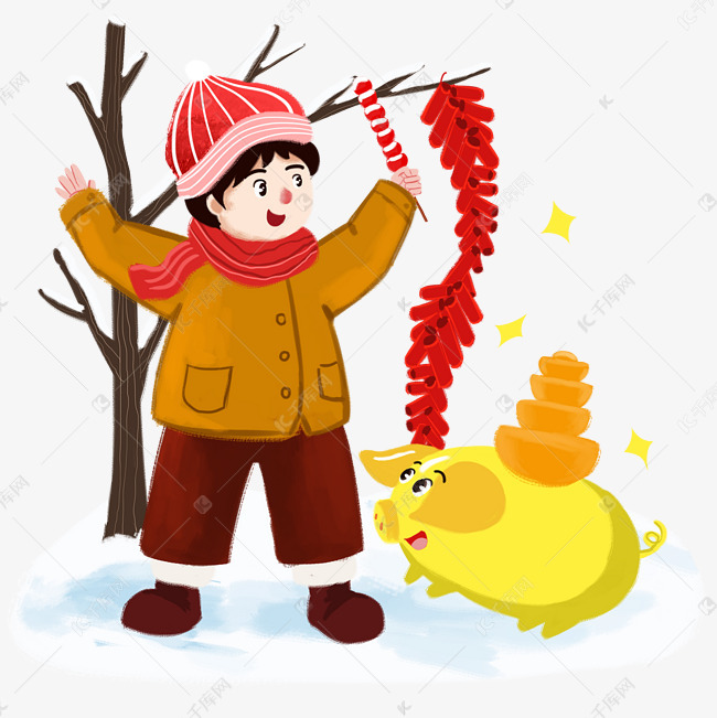 新年放鞭炮手绘卡通人物png素材