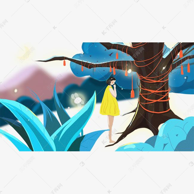 免抠卡通手绘树下许愿的女孩