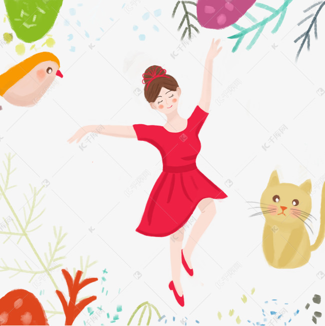 千库网 图片素材 春天在鸟语花香里跳舞的女孩  春天在鸟语花香里跳舞