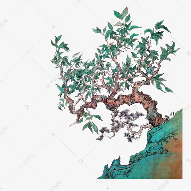 翠色桃树山水国画工笔png