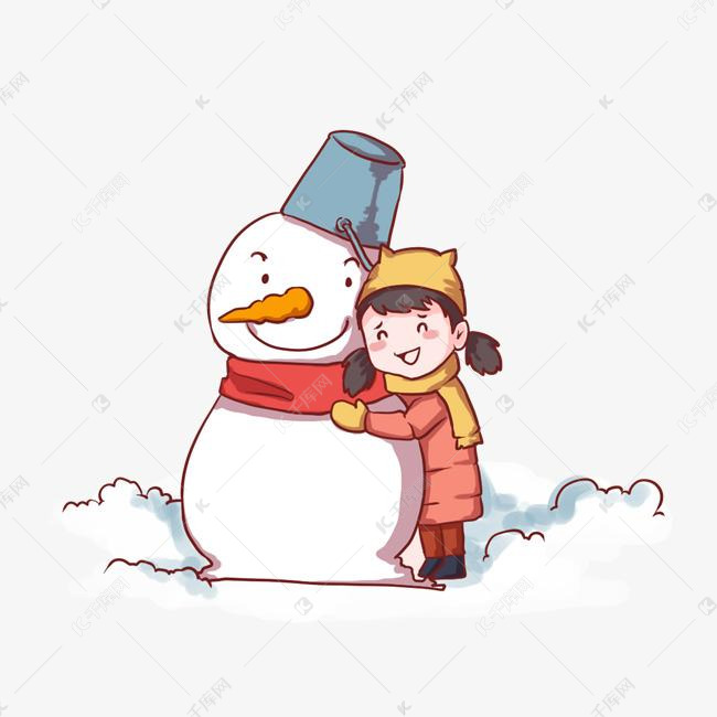 手绘寒假堆雪人的小女孩
