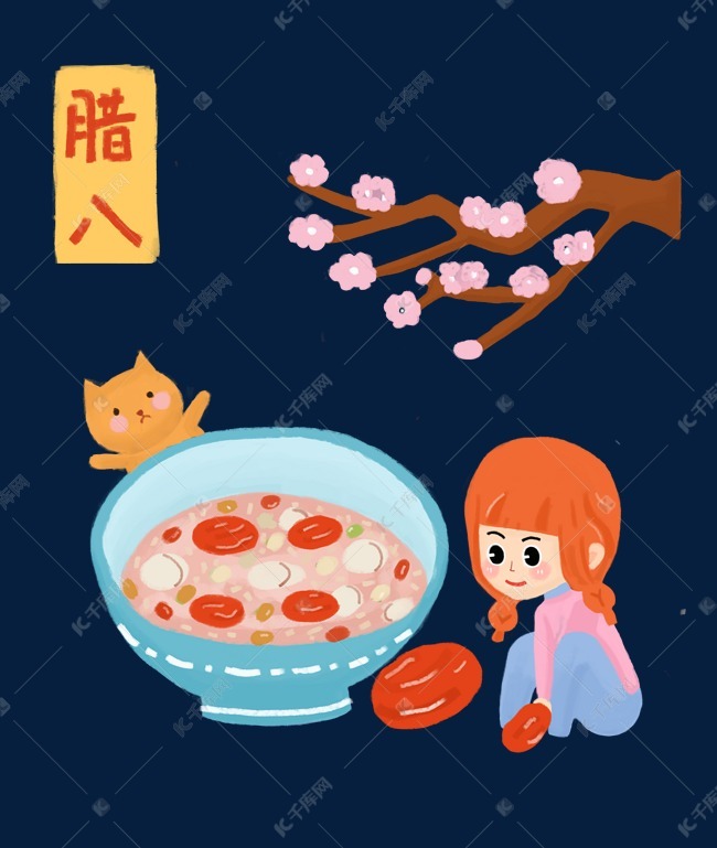 腊八节小女孩和小猫在梅花下和腊