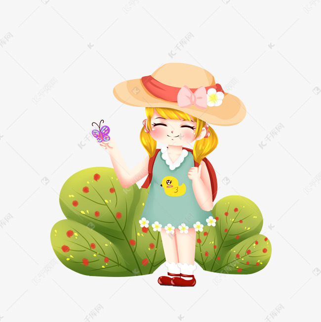 可爱手绘卡通小女孩郊游透明底免
