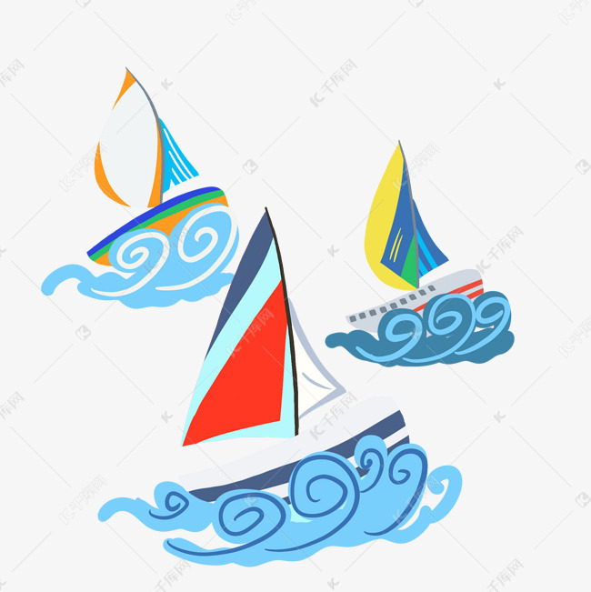 波浪帆船手绘插画