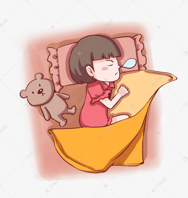 手绘寒假女孩在床上舒适睡觉素材图片免费下载-千库网