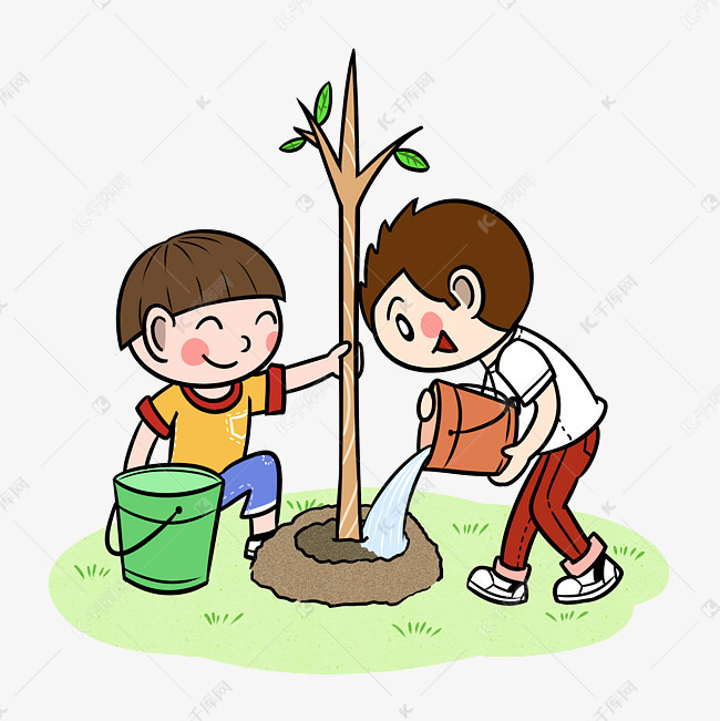 卡通植树节儿童浇水种树png透