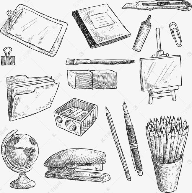 千库网提供16款手绘文具用品钢笔线描矢量图矢量免抠png素材