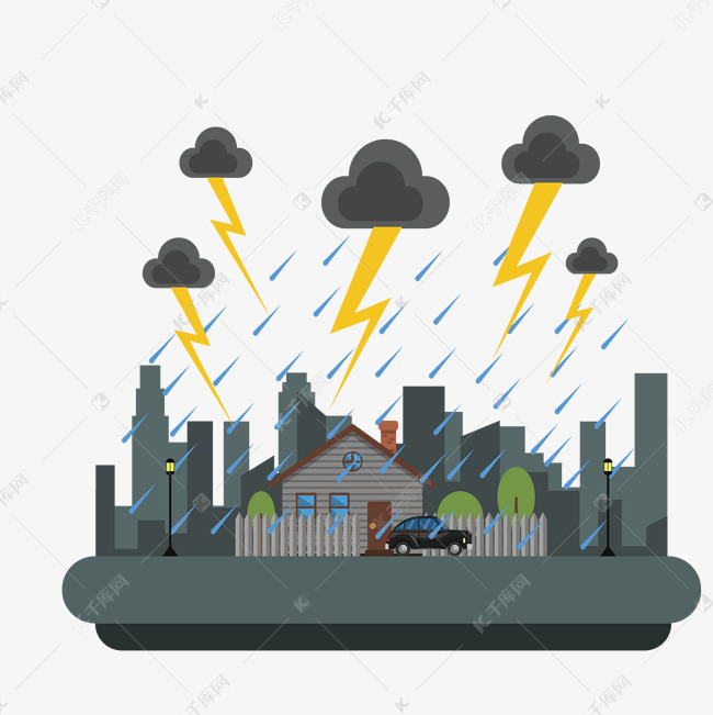 闪电下雨的城市卡通图