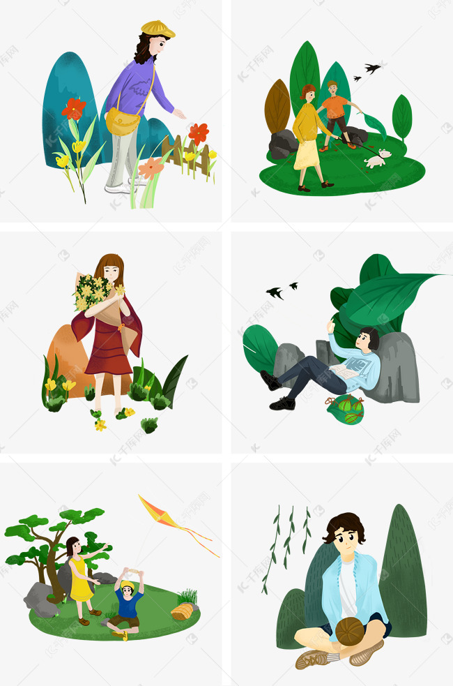 清明节人物合集插画