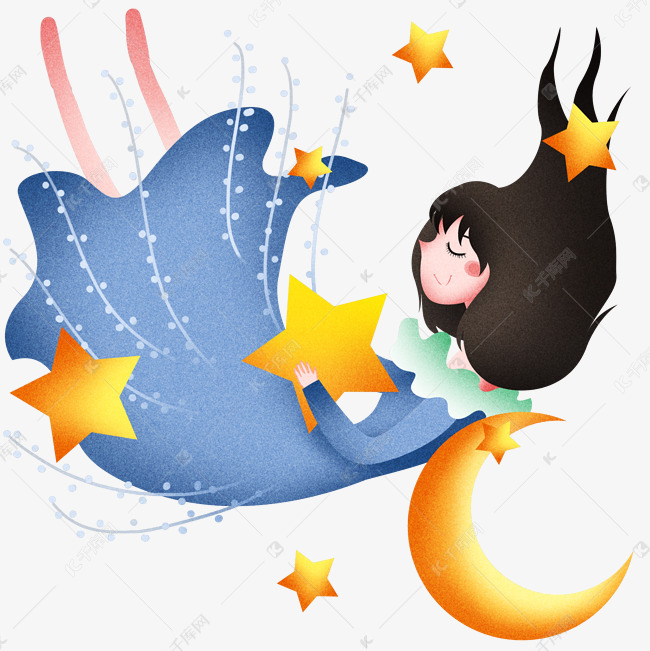 拿着星星睡觉的女孩插画