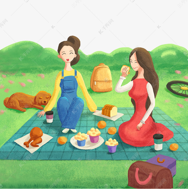 插画风春天女孩郊游野餐