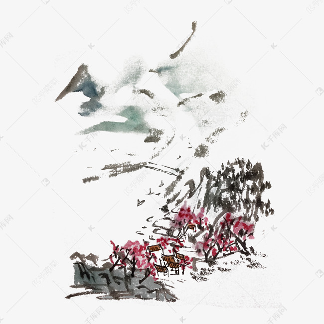古风水墨山水村庄手绘插画