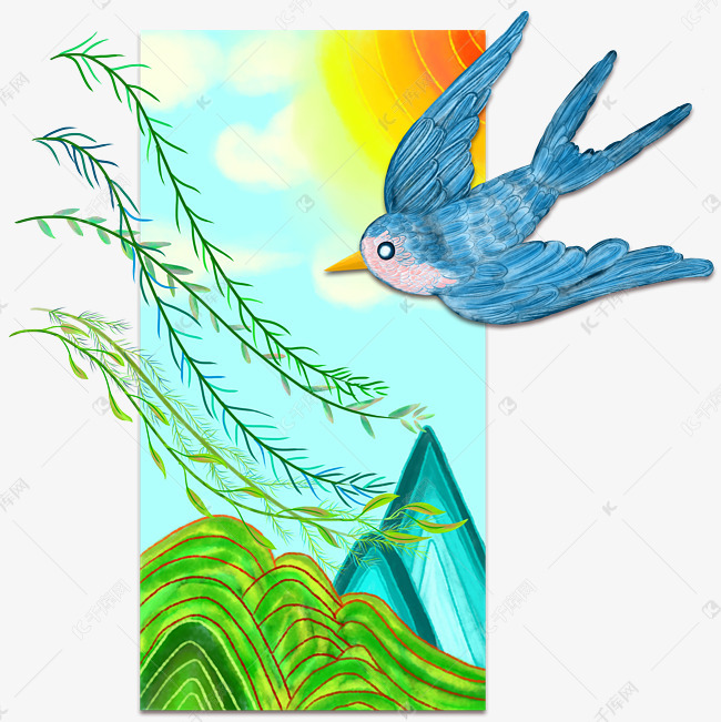 清明节燕子柳树踏青边框原创手绘插画免抠高清图