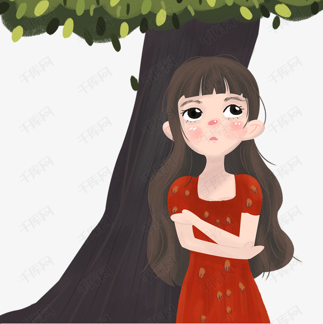小女孩站在树边上免抠图