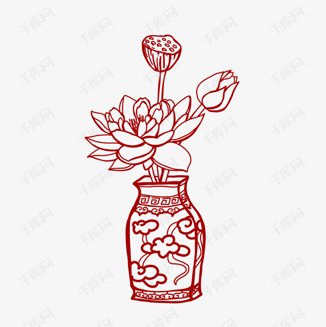 中国风红色剪纸荷花莲花莲蓬花瓶
