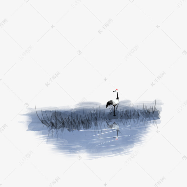 清明手绘水墨仙鹤湖边倒影