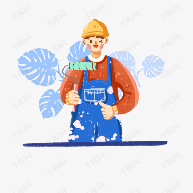 刷墙油漆工人工作中插画风png